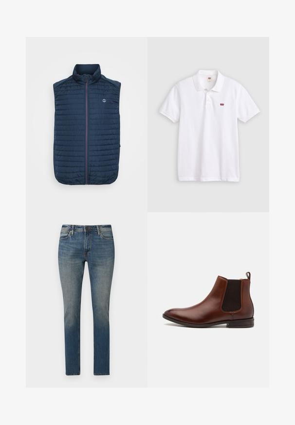 Tumesinine ilma varrukateta vest, millel on horisontaalne tikanditextuur, kõrge kaelus, esikinnitus ja küljetaskud. Rinnal on logo.; Valge puuvillane polo särk klassikalise kraega, kolme nupuga nööpidee ja väike punane silt logo vasakul rinnal. Lühikesed varrukad.; Sinised sirgete jalgadega teksapüksid keskmise kõrgusega vöökohaga, ees nupu- ja tõmblukuga ning kulunud pesu detailidega.; ALDO FRIELIA - Klassikalised poolsaapad - cognac