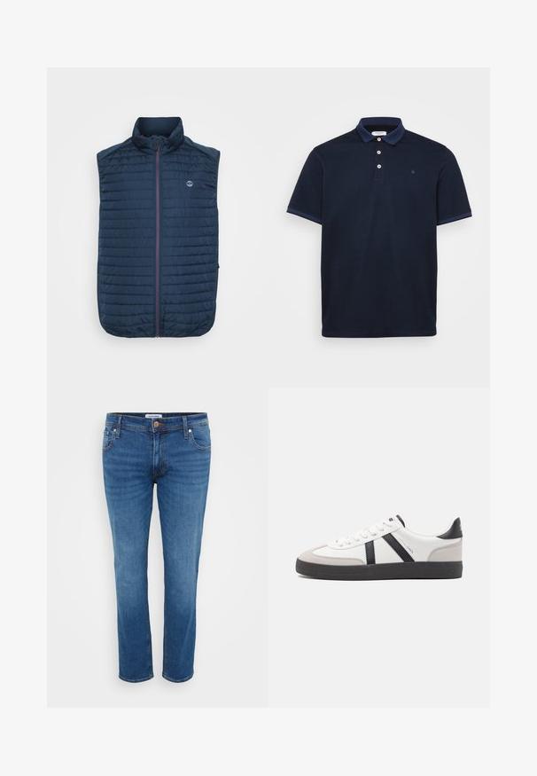 Chaleco sin mangas azul marino con textura acolchada horizontal, cuello alto, cremallera frontal y bolsillos laterales. Presenta un logotipo en el pecho.; Polo de color marino hecho de tejido suave, con cuello clásico, tapeta de tres botones y acentos a rayas contrastantes en las mangas.; Vaqueros de mezclilla en un color azul medio, con un diseño de pierna recta, estilo de cinco bolsillos y un cierre de botón en la cintura.; Zapatilla blanca con acentos en negro y gris, que presenta una puntera texturizada en gris, suela de goma negra y cordones planos blancos. Diseño limpio, estilo minimalista.