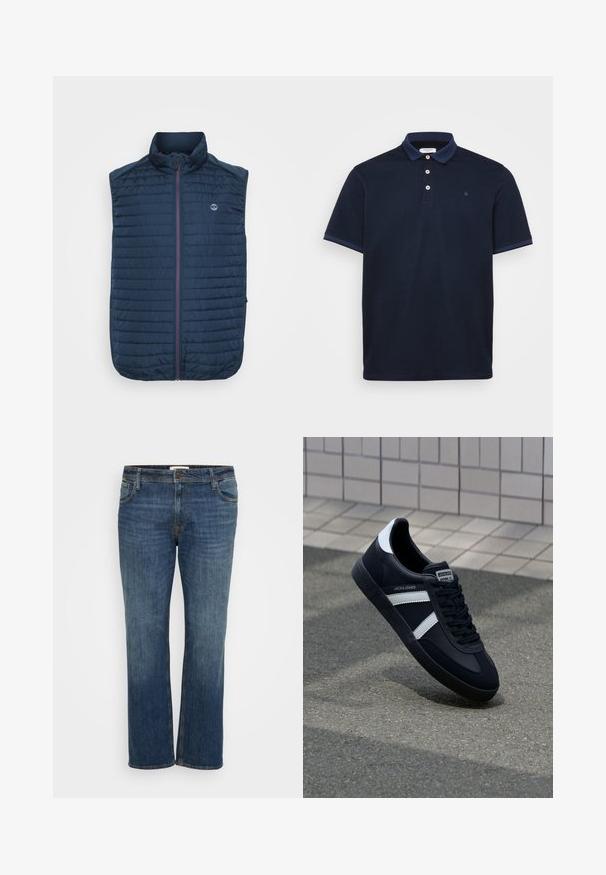 Marineblauwe mouwloze vest met horizontale gewatteerde textuur, hoge kraag, rits aan de voorkant en zijzakken. Heeft een logo op de borst.; Navy polo shirt van zacht materiaal, met een klassieke kraag, een placket met drie knopen en contrasterende gestreepte accenten op de mouwen.; Donkerblauwe spijkerbroek met een rechte pijp, voorzien van vijf zakken, een knoopsluiting en subtiele vervaging voor textuur.; Zwarte leren sneaker met witte strepen, een gestructureerde rubberen zool en vetersluiting aan de voorkant. Voorzien van een merklabel op de tong.