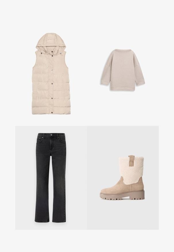 Beige polstret vest med hætte, der har lynlås og trykknaplukning, sidelommer og et struktureret stofdesign. Glat overflade.; Lysebeige, løstsiddende top med rund halsudskæring og 3/4-ærmer. Blød tekstur, uden synlige mønstre eller detaljer. Set bagfra.; Sorte denim jeans med lige ben-design, fem lommer og synlige syninger. Stoffet har en blød tekstur med en falmet finish.; Mellemhøj beige ruskind støvle med tyk gummisål, foring af shearling ved kanten og trækstrop på neutral grå baggrund.
