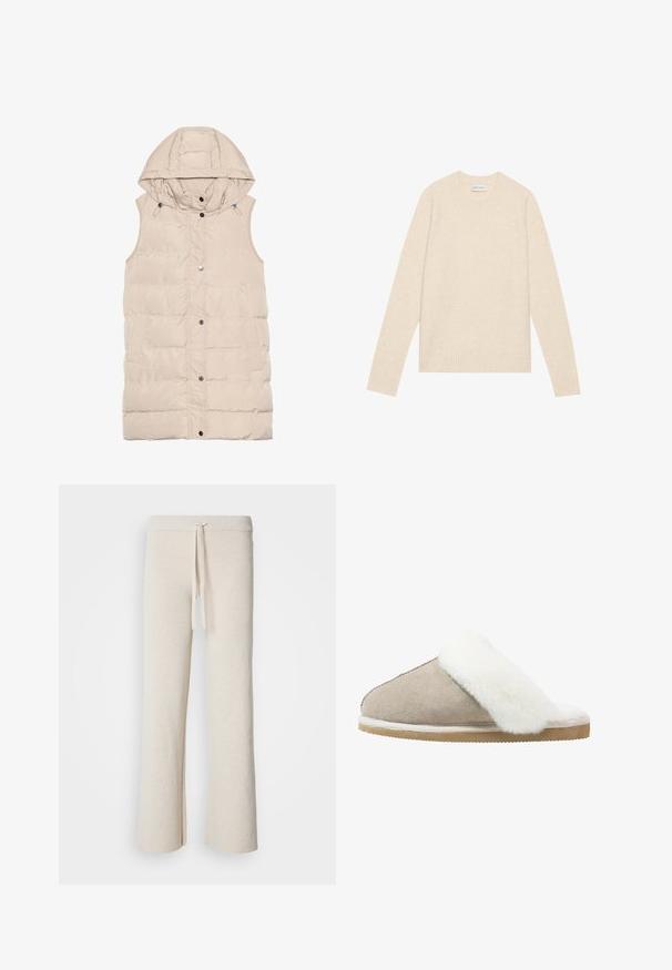 Beige polstret vest med hætte, der har lynlås og trykknaplukning, sidelommer og et struktureret stofdesign. Glat overflade.; Lys beige uldtrøje med rund hals, lange ærmer og ribstrikkede manchetter og kant. Blød tekstur, minimalistisk design, ingen synlige mønstre eller accenter.; Beige brede bukser lavet af blødt stof, med en elastisk talje og snøre samt sideslidser i kanten.; Suedelæders slipsko i lys beige med en hvid, fluffy pelskant over det øverste, med en struktureret ydersål for greb og komfort.