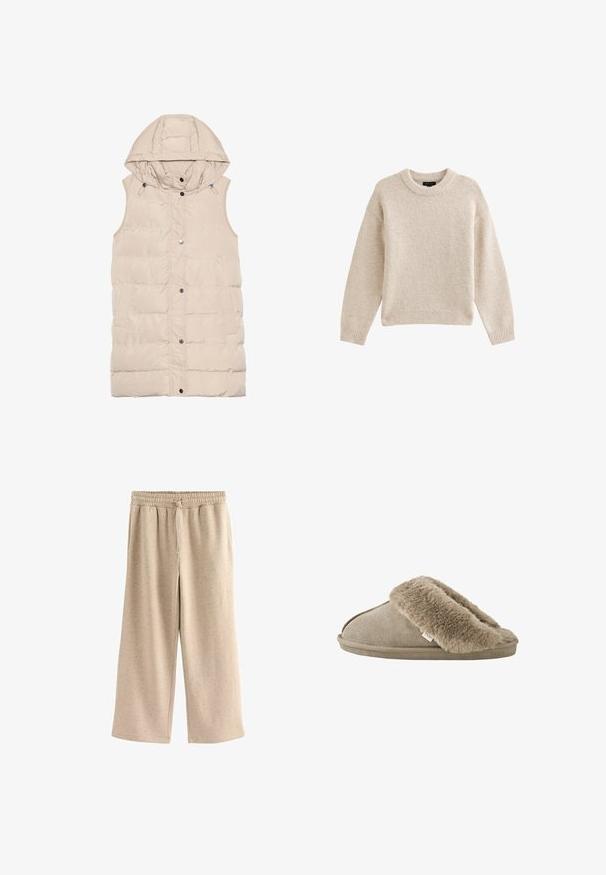 Beige gewatteerde vest met een capuchon, voorzien van een rits en drukknoopsluiting, zijzakken en een gemêleerd stofontwerp. Gladde afwerking.; Beige gebreide trui met een ronde halslijn, lange mouwen en geribbelde zoom. Gelaagd stof met een zachte uitstraling. Eenvoudig en veelzijdig ontwerp.; Beige wijde broek gemaakt van zachte stof, met een elastische tailleband met een trekkoord en een subtiele gespikkelde textuur.; Beige instapslof met zachte, pluche bontvoering rond de opening en een suède-achtige buitenzool.