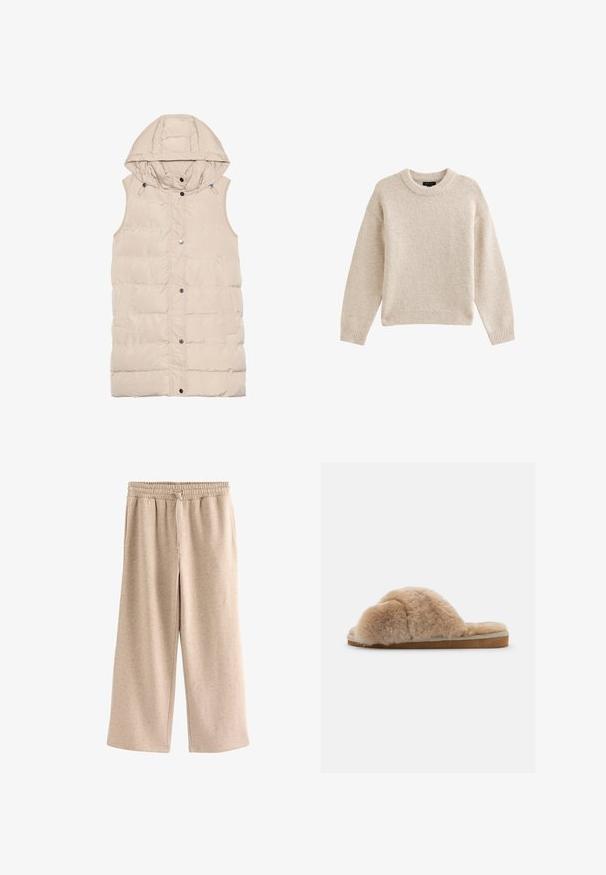 Beige polstret vest med hætte, der har lynlås og trykknaplukning, sidelommer og et struktureret stofdesign. Glat overflade.; Beige strikket sweater med rund hals, lange ærmer og ribbet kant. Tekstureret stof med en blød udseende. Enkel og alsidig design.; Beige bukser med vide ben, elastisk talje og snørre, lavet af et blødt, plettet stof.; Fuzzy beige hjemmesko med blød tekstur, åben bag og indvendig foring. Flad sål med en lysebrun bund og beige syning.