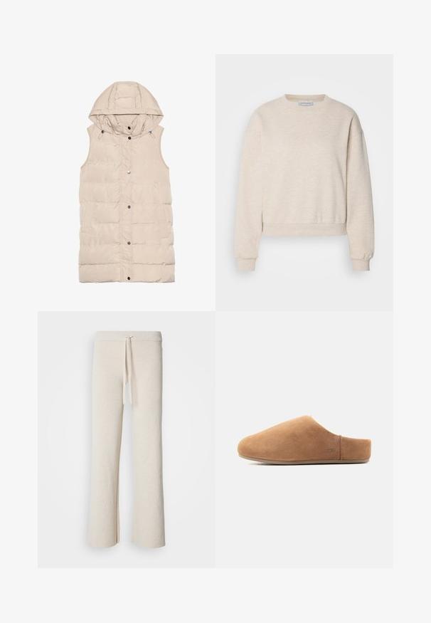 Beige polstret vest med hætte, der har lynlås og trykknaplukning, sidelommer og et struktureret stofdesign. Glat overflade.; Lys beige sweatshirt lavet af blødt stof, med rund hals, nedfaldne skuldersømme og ribbede manchetter og kant.; Beige brede bukser lavet af blødt stof, med en elastisk talje og snøre samt sideslidser i kanten.; Tan ruskind slip-on hjemmesko med lukket tå, åben hæl, flad sål og lille UGG-logo på siden, vist i profil.