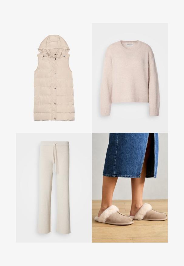 Beige polstret vest med hætte, der har lynlås og trykknaplukning, sidelommer og et struktureret stofdesign. Glat overflade.; Lyserød sweater lavet af blødt, tekstureret stof. Har en rund hals, dropped skuldre samt ribbede маншеты og søm. Cropped design.; Beige brede bukser lavet af blødt stof, med en elastisk talje og snøre samt sideslidser i kanten.; UGG SCUFFETTE II - Hjemmesko - sand