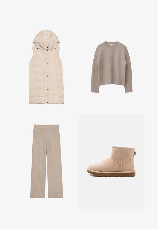 Beige polstret vest med hætte, der har lynlås og trykknaplukning, sidelommer og et struktureret stofdesign. Glat overflade.; Beige striktrøje lavet af blødt materiale, med rund halsudskæring, ribbede manchetter og kant, samt en afslappet pasform.; Beige vidde bukser med ribbet tekstur og elastisk talje. Blødt strikket stof har et subtilt mønster gennem hele. ; Beige ruskindsankelstøvle med rund tå, synlige sting og en tekstureret brun gummisål. Har en træksløjfe på bagsiden.