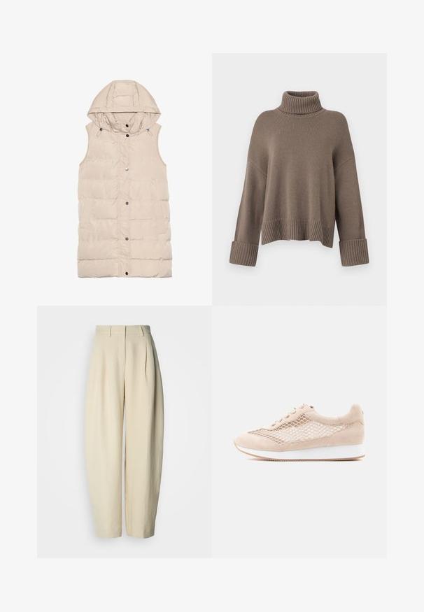 Beige gewatteerde vest met een capuchon, voorzien van een rits en drukknoopsluiting, zijzakken en een gemêleerd stofontwerp. Gladde afwerking.; Taupe losvallend ribgebreid trui met brede manchetten en een dikke opgerolde turtle neck kraag.; Beige geplooide broek met een hoge taille, brede pijpen en een gladde textuur. Ontworpen met voorzakken en een getailleerde pasvorm.; Beige suède sneaker met mesh zijkanten, ronde neus, witte tussenzool en bijpassende veters. Heeft een gestructureerd oppervlak en subtiele stiksel details.