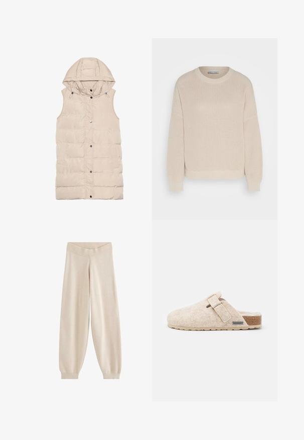 Beige polstret vest med hætte, der har lynlås og trykknaplukning, sidelommer og et struktureret stofdesign. Glat overflade.; Anna Field by Zalando Striktrøje - grey; Beige strikkede bukser med vidde ben, elastisk talje og ribstrikkede manchetter ved anklerne vist på hvid baggrund.; Shepherd HILMA - Hjemmesko - creme