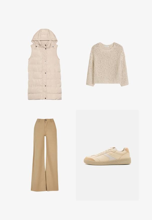 Beige polstret vest med hætte, der har lynlås og trykknaplukning, sidelommer og et struktureret stofdesign. Glat overflade.; Beige chunky strikket sweater med rund halsudskæring og lange ærmer, med et åbent vævemønster.; Bredde ben bukser i lys beige, lavet af bomuld, med klassisk knap- og lynlåslukning, frontlommer og en glat tekstur.; Beige sneakers med en glat læderoverdel, prydet med en kontrasterende off-white stribe og en tekstureret gummisål. Diskret brandlogo-detalje.
