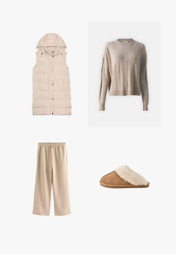 Beige gewatteerde vest met een capuchon, voorzien van een rits en drukknoopsluiting, zijzakken en een gemêleerd stofontwerp. Gladde afwerking.; Beige gebreide trui met verticale ribbelstructuur, ronde hals en lange mouwen. Verkorte pasvorm met ribbelboord aan de onderkant en bij de mouwen.; Beige wijde broek gemaakt van zachte stof, met een elastische tailleband met een trekkoord en een subtiele gespikkelde textuur.; Bruine instapslipper met zachte beige nep bont voering en zool, zijkant gezien op witte achtergrond.