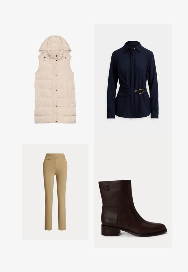 Beige polstret vest med hætte, der har lynlås og trykknaplukning, sidelommer og et struktureret stofdesign. Glat overflade.; Marineblå langærmet skjorte med krave, snoet frontdesign og sort bælte med guldfarvet spænde og nittebesætning. Blød tekstur i stoffet.; Beige slim-fit kvindebukser med høj talje, to knapper i siden og en lille lomme med knap nær taljebåndet.; Mørkebrun læderankelstøvle med lav blokhæl og præget "RL" logo nær toppen på ydersiden.