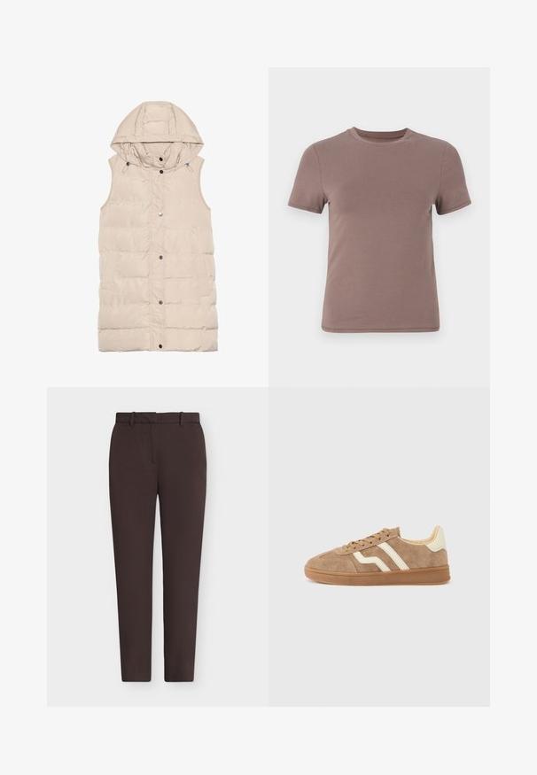 Beige gewatteerde vest met een capuchon, voorzien van een rits en drukknoopsluiting, zijzakken en een gemêleerd stofontwerp. Gladde afwerking.; Korte mouwen t-shirt in gedempt bruin, gemaakt van gladde katoen met een klassieke ronde halslijn en minimale stikdetails.; Donkerbruine broek met rechte pijpen, riemlussen en een ritssluiting aan de voorkant, plat gepresenteerd op een effen witte achtergrond.; Bruine suède sneaker met witte accentstrepen, ronde neus, beige binnenkant en rubberen buitenzool. Veters met textuur.