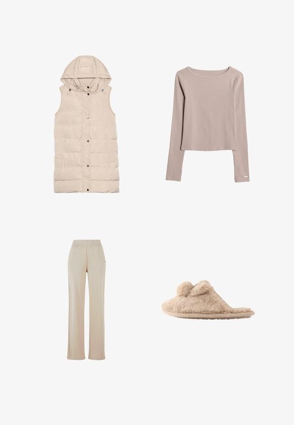 Beige polstret vest med hætte, der har lynlås og trykknaplukning, sidelommer og et struktureret stofdesign. Glat overflade.; Lys beige langærmet skjorte lavet af blødt, strækbart stof. Har en bred halsudskæring og en let cropped bund. Diskrete syninger.; Beige, løse sweatpants med elastisk talje og diskrete sidesømme. Fremstillet af et blødt, tekstureret materiale. Ingen synlige logoer.; Beige, fløjlsblød hjemmesko med to pomponer på toppen og en flad sål, designet til indendørs brug.