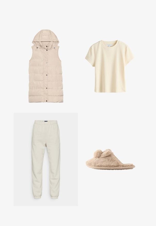 Beige polstret vest med hætte, der har lynlås og trykknaplukning, sidelommer og et struktureret stofdesign. Glat overflade.; Kortærmet ribbet bomuld t-shirt med rund halsudskæring og label inde i kraven på hvid baggrund.; Cremefarvede sweatpants lavet af blødt materiale, med elastisk talje, sidelommer og manchetter ved anklerne.; Beige, fløjlsblød hjemmesko med to pomponer på toppen og en flad sål, designet til indendørs brug.