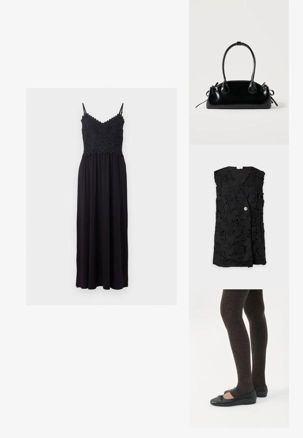 Veste sans manches en dentelle noire avec motif floral et une seule fermeture à bouton en argent sur le devant.; Robe maxi noire sans manches avec bretelles spaghetti et détail en dentelle florale sur le corsage, cintrée à la taille avec une jupe fluide.; Jambes portant des leggings côtelés foncés associés à des ballerines noires avec de petits détails en nœud sur fond blanc.; Petit sac à main noir brillant avec deux longues anses et des détails à cordon sur les côtés sur un fond clair uni.