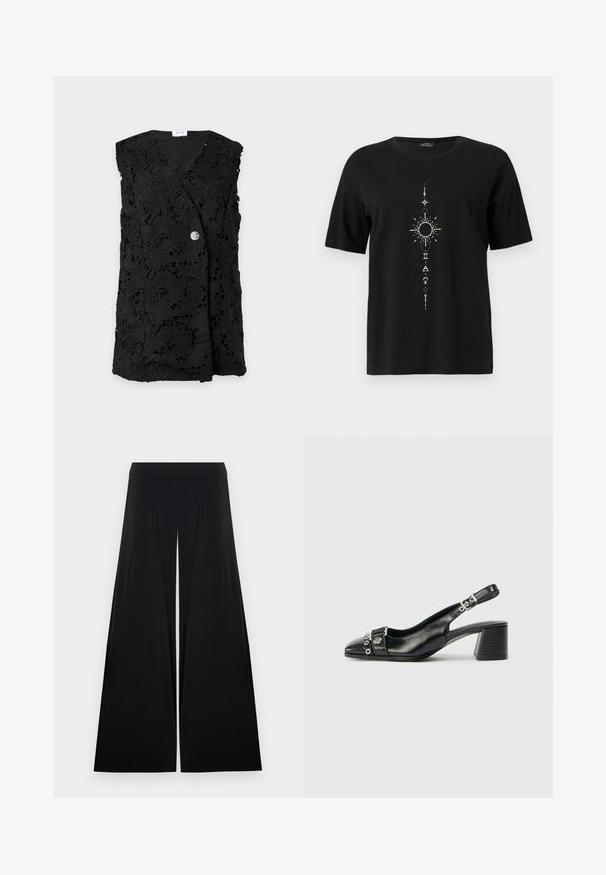 Veste sans manches en dentelle noire avec motif floral et une seule fermeture à bouton en argent sur le devant.; T-shirt noir à manches courtes avec un motif céleste blanc vertical représentant un soleil, des étoiles et des symboles géométriques le long du centre avant.; Pantalon noir taille haute à jambes larges avec des plis subtils à l'avant, en tissu doux et fluide, présenté sur un fond blanc.; Sandale à talon en cuir noir avec un bout pointu, une sangle texturée ornée d'accents métalliques circulaires et un talon empilé.