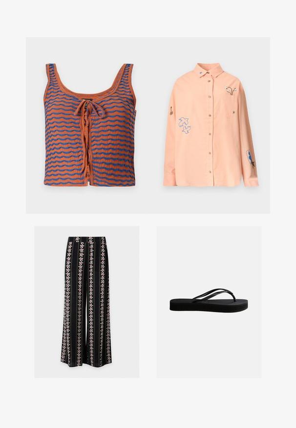 Orange bomulds tanktop med blå bølgede striber, med en scoop halsudskæring og en bindedetalje foran. Glat tekstur, cropped design.; Lyse ferskenfarvet langærmet skjorte med knapper, krave, forlomme og broderede motiver, herunder fugle, blomster og stjerner på ærmer og bryst.; Sorte bukser med vidde i benene med lodrette lyserøde og hvide blomstrede striber og små gule prikker, der skiftevis går igen i mønsteret.; Sort gummiflipflop med tekstureret sål og Y-formet rem, vist i sideprofil mod en ensartet lys baggrund.