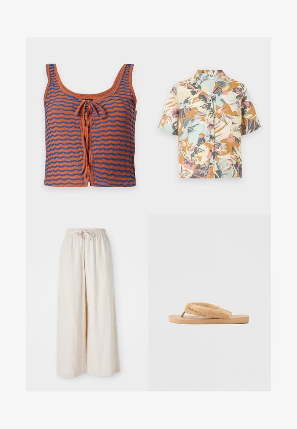 Orange bomulds tanktop med blå bølgede striber, med en scoop halsudskæring og en bindedetalje foran. Glat tekstur, cropped design.; Kortærmet skjorte med knapper foran og et multifarvet blomstermønster i nuancerne beige, brun, koral, grå og lyseblå.; Bredde ben, flødefarvede bukser med elastisk talje og snor. Glat, let linnedstof uden synlige mønstre eller hardware.; Tan flip-flop med faux fur rem, tekstureret gummisål og formet fodseng. Har en dekorativ gulddetalje på remmen.