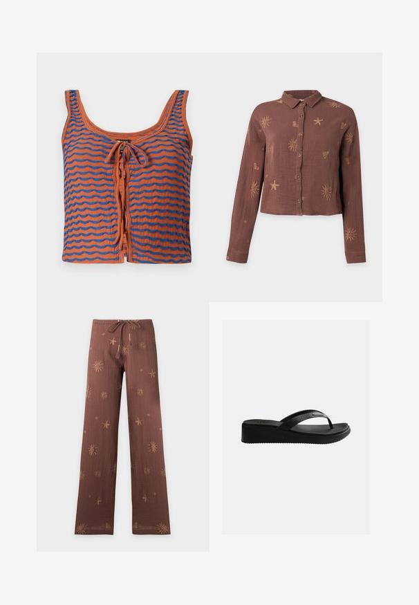 Orange bomulds tanktop med blå bølgede striber, med en scoop halsudskæring og en bindedetalje foran. Glat tekstur, cropped design.; Brun langærmet skjorte med knapper og krave, dekoreret med lyse sol-, søstjerne- og hjerte-mønstre.; Brune vidde bukser med snor i taljen og broderede sol-, søstjerne- og spiral mønstre spredt på stoffet.; Sort kileformet flip-flop sandal med tekstureret fodseng og tynde stropper med diskret branding på en ensfarvet hvid baggrund.