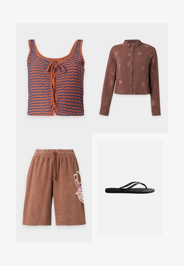 Orange bomulds tanktop med blå bølgede striber, med en scoop halsudskæring og en bindedetalje foran. Glat tekstur, cropped design.; Brun langærmet skjorte med knapper og krave, dekoreret med lyse sol-, søstjerne- og hjerte-mønstre.; Brune knælange shorts med elastisk taljebånd og snøre, med delvis hvid og pink blomstertekst på højre ben.; Sort gummiflip-flop sandal med tekstureret fodseng og tynde Y-formede remme på en ensartet hvid baggrund.