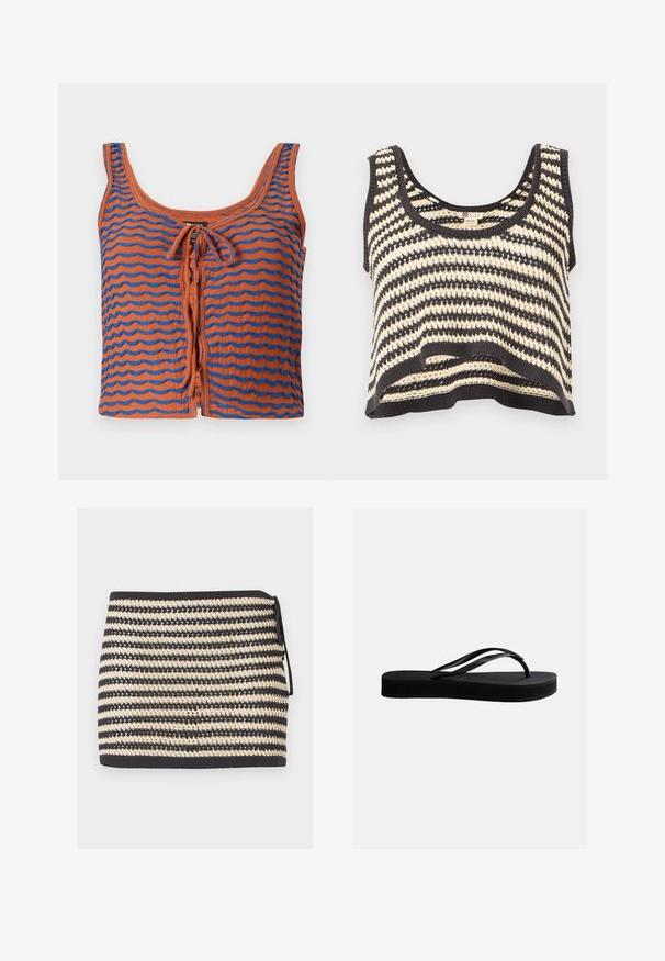 Oranje katoenen tanktop met blauwe golvende strepen, voorzien van een ronde hals en een strikdetail aan de voorkant. Gladde textuur, cropped ontwerp.; Zwart-wit gestreepte gebreide mouwloze cropped top met ronde halslijn en gestructureerd patroon.; Zwart-beige gestreepte gebreide minirok met zijstrik en gestructureerd open geweven patroon.; Zwarte rubberen teenslipper met gestructureerd zool en Y-vormige band, zijaanzicht op een effen lichte achtergrond.