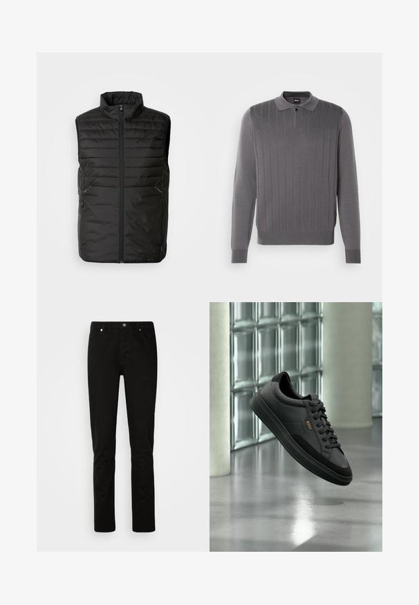 Sort, polstret ærmeløs vest med høj krave, fuld frontlynlås og to sidelommer. Har et diskret brandlogo på forsiden.; Grå langærmet polo sweater med ribbet struktur, der har krave og to-knaps luke samt et tætsiddende design for et slankt udseende.; Sorte denimbukser med slim fit, der har lynlås og fem-pocket design. Glat tekstur og solid syning.; Sort lavtop sneakers i læder med sorte snørebånd og guld "BOSS" logo, vist i luften mod en glasblokvæg og gråt gulv.