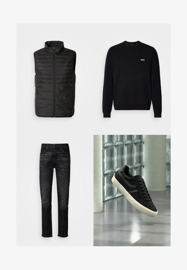 Schwarwest gepolsterte ärmellose Weste mit hohem Kragen, vollem Frontreißverschluss und zwei Seitentaschen. Mit einem subtilen Branding-Detail auf der Vorderseite.; Schwarzer langärmliger Rundhalsausschnitt-Pullover mit kleinem weißen "BOSS"-Logo auf der linken Brust, gerippten Bündchen und Saum, vor einem weißen Hintergrund präsentiert.; Schwarze Jeans aus Denim mit geradem Schnitt, fünf Taschen, dezentem Used-Look und Knopfverschluss. Klassischer Stil, geeignet für legere Trageanlässe.; Schwarzer Low-Top-Sneaker mit weißer Sohle und Schnürsenkeln, Marke "BOSS", schwebend im Innenraum nahe Glasbausteinfenstern und Betonpfeilern.