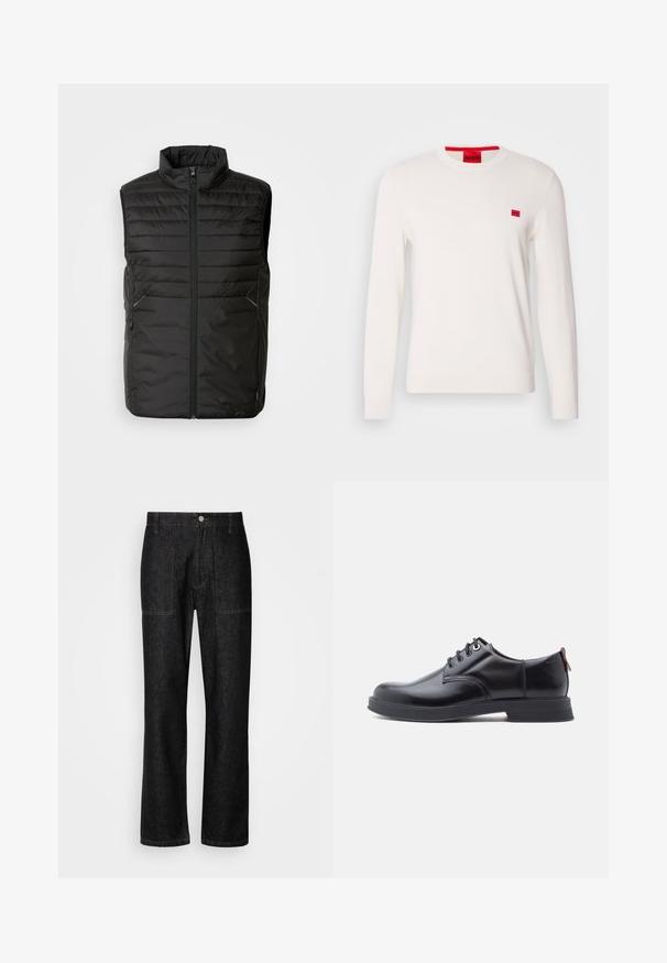 Musthave mustela vest, matt mustelkolle, täiustatud, külgmine taskud, suurepärane kaela, täispikk lukk. Esiküljel on peen brändingu detail.; Valge pikema varrukaga crewneck-sviiter, mis on valmistatud pehmest kangast. Sellel on rindkeres väike punane logoäpp ja kontrastne punane silt kaeluses.; Mustad denim püksid sirge säärega, nähtava õmblusega ja eesnupuga sulgur. Sisaldab kahte küljetaskut ja kahte tagataskut.; Mustad nahast paeltega kingad, millel on sile tekstuur, ümar nina ja peen õmblusdetail. Kandjal on punane tõmblint kandlas.