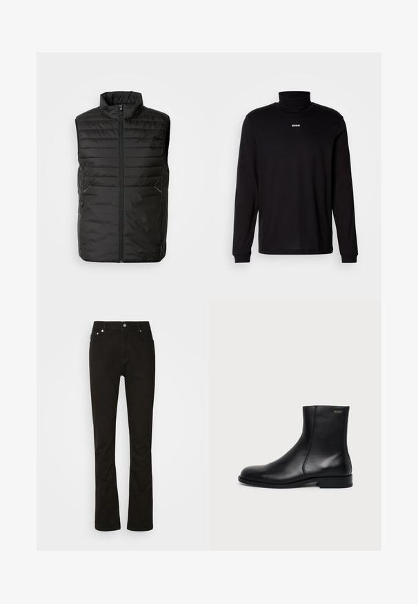 Zwarte gewatteerde mouwloze vest met hoge kraag, volledige rits aan de voorkant en twee zijzakken. Bevat een subtiele merkvermelding aan de voorkant.; Zwarte turtleneckshirt met lange mouwen, gemaakt van soepel materiaal, met een witte "HUGO" logo op de borst, en met aansluitende manchetten en zoom.; Zwarte denim jeans met een recht model, voorzien van voorzakken, een rits en zilveren hardware accenten. Soepele textuur, zonder patronen.; Zwarte leren enkellaars met lage hak, zijstiksels en klein "HUGO" logo op de bovenste boord tegen een effen achtergrond.