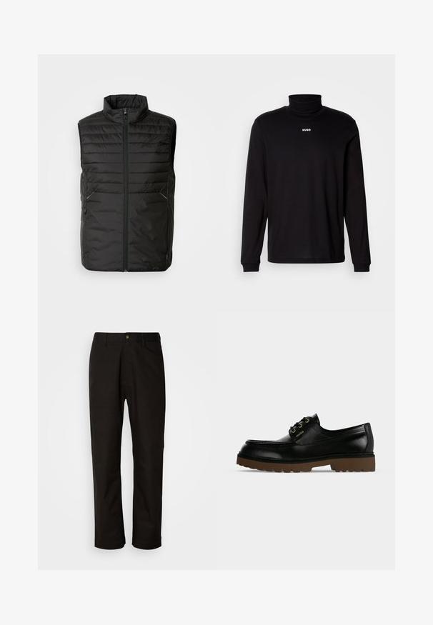 Schwarwest gepolsterte ärmellose Weste mit hohem Kragen, vollem Frontreißverschluss und zwei Seitentaschen. Mit einem subtilen Branding-Detail auf der Vorderseite.; Schwarzes Langarm-Turtleneck-Shirt aus glattem Stoff, mit einem weißen "HUGO"-Logo auf der Brust, eng anliegend an den Bündchen und dem Saum.; Schwarze Baumwollhosen mit geradem Schnitt, Gürtelschlaufen, einem Reißverschluss vorne und einem einzelnen Knopfverschluss. Glatte Textur ohne sichtbare Muster.; Schwarzer flacher Lederschuh mit dicker brauner profilierter Sohle, Schnürung vorne und goldenem "Hugo"-Logo an der Seitenpartie.