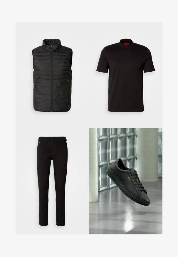 Chaleco acolchado negro sin mangas con cuello alto, cierre frontal completo y dos bolsillos laterales. Presenta un sutil detalle de marca en la parte delantera.; Camiseta negra de manga corta con un diseño de cuello alto. Fabricada con un tejido suave. Presenta una etiqueta de marca roja en el interior del cuello.; Jeans de mezclilla negra con un corte recto, cierre de cremallera y diseño de cinco bolsillos. La tela tiene una textura suave sin patrones visibles.; Zapatilla baja de piel negra con cordones negros y logo dorado BOSS en el lateral, flotando sobre un suelo gris brillante en un espacio interior moderno.