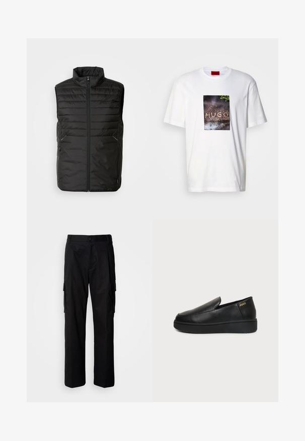 Chaleco acolchado negro sin mangas con cuello alto, cierre frontal completo y dos bolsillos laterales. Presenta un sutil detalle de marca en la parte delantera.; Camiseta blanca de algodón con un estampado gráfico rectangular que muestra el texto "HUGO" sobre una superficie oscura texturizada, rodeada de vegetación.; Pantalones cargo negros de corte relajado, con bolsillos laterales, cierre de botón y tela ligera y suave.; Zapato de cuero negro tipo slip-on con suela gruesa y pequeños orificios de ventilación laterales, con el logo dorado de "HUGO" cerca del talón.