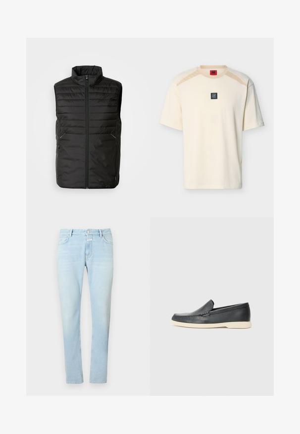 Chaleco acolchado negro sin mangas con cuello alto, cierre frontal completo y dos bolsillos laterales. Presenta un sutil detalle de marca en la parte delantera.; Camiseta de manga corta color crema con acentos beige en los hombros y un pequeño parche con logo cuadrado negro que dice "DR HUGO" centrado en el pecho.; Vaqueros slim fit de color azul claro con botones delanteros, cremallera y cinco bolsillos, extendidos sobre un fondo blanco liso.; Mocasín negro de cuero sin cordones con suela beige, posicionado en el aire cerca de un revistero de alambre metálico sobre un suelo de terrazo.