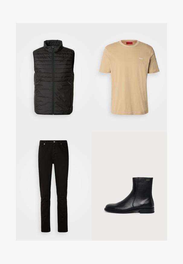 Chaleco acolchado negro sin mangas con cuello alto, cierre frontal completo y dos bolsillos laterales. Presenta un sutil detalle de marca en la parte delantera.; Camiseta de algodón beige con cuello redondo, mangas cortas y un pequeño logo blanco "HUGO" en el pecho. Textura suave sin patrones.; Vaqueros negros de corte recto con cierre frontal de botón y cremallera, bolsillos delanteros y traseros, mostrados sobre un fondo claro y liso.; Botín negro de cuero con tacón bajo, costura lateral y pequeño logo "HUGO" en el puño superior sobre un fondo liso.