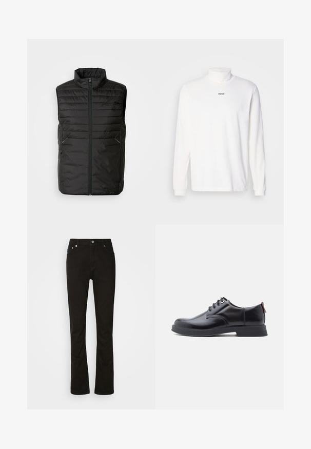 Schwarwest gepolsterte ärmellose Weste mit hohem Kragen, vollem Frontreißverschluss und zwei Seitentaschen. Mit einem subtilen Branding-Detail auf der Vorderseite.; Weißes Langarm-Turtleneck-Shirt aus weichem Stoff, mit einem dezenten schwarzen "HUGO"-Logo auf der Vorderseite und engen Bündchen.; Schwarze Jeans aus Denim mit geradem Bein, ausgestattet mit vorderen Taschen, einem Reißverschluss und silbernen Hardware-Details. Glatte Textur, ohne Muster.; Schwarze Leder-Schnürschuhe mit glatter Textur, rundem Zehenbereich und dezenten Ziernähten. Mit einem roten Laschenband an der Ferse.