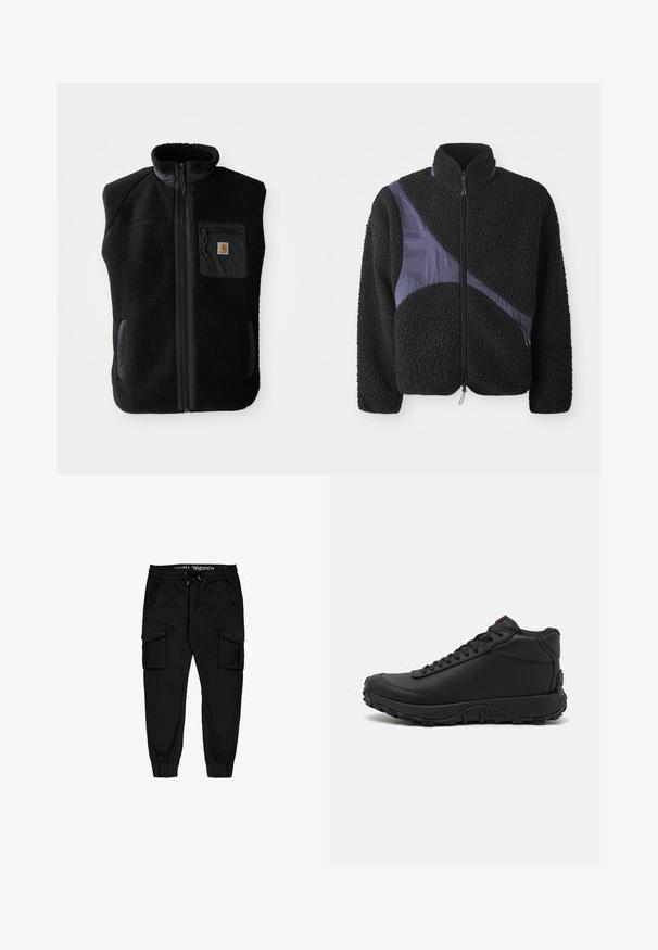 Sort fleece vest med høj krave, lynlåslynlås foran og brystlomme. Har struktureret stof og sidelommer med sorte accenter.; Sort fleecejakke med en diagonal lilla nylonaccent, høj krave, lynlås lukning og tekstureret stof for varme.; Sorte cargobukser lavet af letvægtsstof, med elastisk talje, snor, og flere sidelommer samt tætsiddende cuffs.; Sorte høje sneakers lavet af struktureret læder, med en tyk gummisål med trækmønstre og snørefunktion. Rød detalje på tungen.