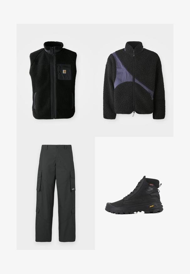 Sort fleece vest med høj krave, lynlåslynlås foran og brystlomme. Har struktureret stof og sidelommer med sorte accenter.; Sort fleecejakke med en diagonal lilla nylonaccent, høj krave, lynlås lukning og tekstureret stof for varme.; Sorte straight-leg cargo bukser med sidelommer med klap, knaplukning, bæltestropper og et lille hvidt logo på klappen af højre lomme.; Sorte høj-top støvler med en tekstureret overflade, der har et vandtæt design, snøresystem og en markant gummisål med Vibram-branding.