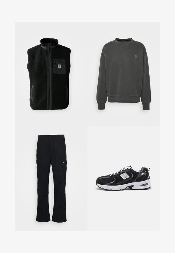 Zwarte fleece vest met hoge kraag, ritssluiting aan de voorkant en een borstzak. Heeft een textuurstof en zijzakken met zwarte accentueringen.; Carhartt WIP NELSON - Sweater - black garment dyed; Zwarte cargobroek met een rechte pijpdesign, gemaakt van duurzaam materiaal, voorzien van zijzakken en een patchlogo aan de linkerkant.; Zwarte en grijze sport schoenen met een bovenwerk van mesh en suede, voorzien van een witte tussenzool, veters en een gedurfde "N"-logo aan de zijkant.