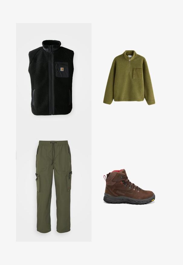Sort fleece vest med høj krave, lynlåslynlås foran og brystlomme. Har struktureret stof og sidelommer med sorte accenter.; Olivengrøn fleece pullover med lange ærmer, halv lynlås foran, ståkrave og tekstureret firkantet brystlomme på venstre side.; Oliven grøn cargo bukser lavet af let materiale, med elastisk talje, snorelukning og flere lynlåslommer.; Brun mellemhøj vandrestøvle med røde accenter, metaløjer, polstret krave, sort robust sål og Vibram-logo på forreste kant.