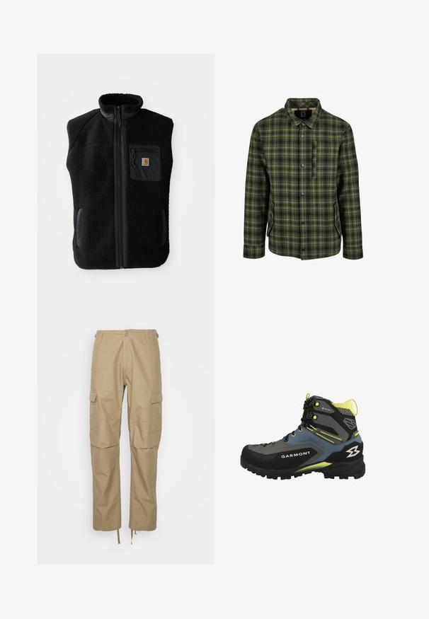 Chaleco de forro polar negro con cuello alto, cierre frontal con cremallera y un bolsillo en el pecho. Presenta un tejido texturizado y bolsillos laterales con detalles en negro.; Chaqueta de cuadros verde y negra con cuello clásico, cierre de botones, dos bolsillos laterales y un bolsillo en el pecho. La tela parece texturada y cálida.; Pantalones cargo caqui hechos de una tela ligera, con múltiples bolsillos laterales, un ajuste relajado y puños ajustables con cordón en el dobladillo.; Bota de senderismo en materiales gris, azul y negro. Cuenta con un tobillo alto, superficie texturizada, acentos amarillos, suela de goma y marca GORE-TEX.