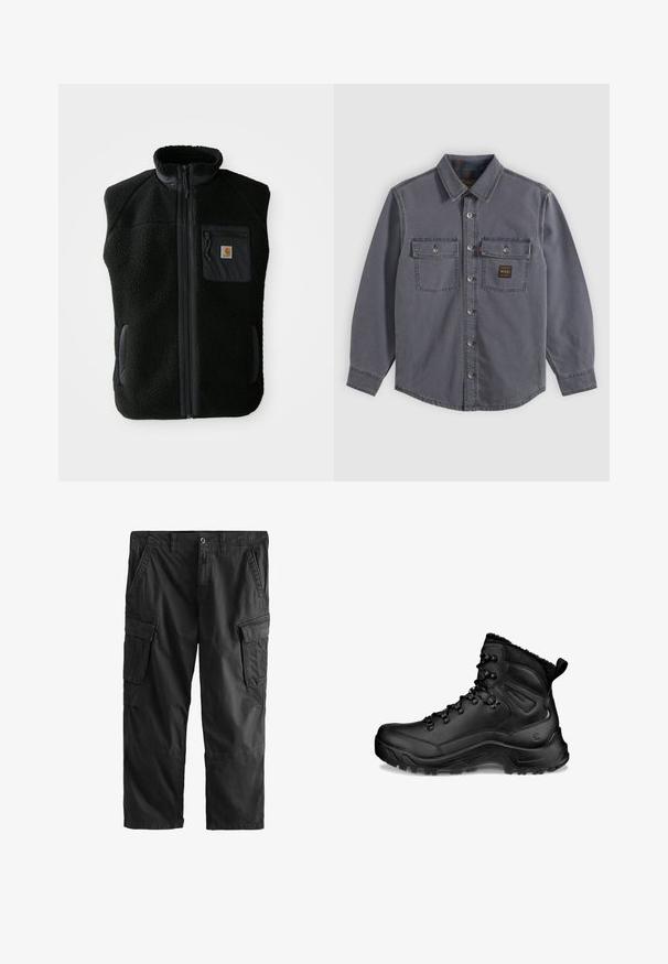 Sort fleece vest med høj krave, lynlåslynlås foran og brystlomme. Har struktureret stof og sidelommer med sorte accenter.; Langærmet mørkegrå skjorte med knapper og krave, to brystlommer med klapper og knapper samt en lille rektangulær lappe på højre lomme.; Sorte cargobukser med forreste knaplukning, to sidelommer og knapklappede lommer på hvert lår.; Sort høj vandrestøvle med polstret ankel, snørehager, robust sål og træksløjfe ved hælen, designet til udendørs brug og koldt vejr.