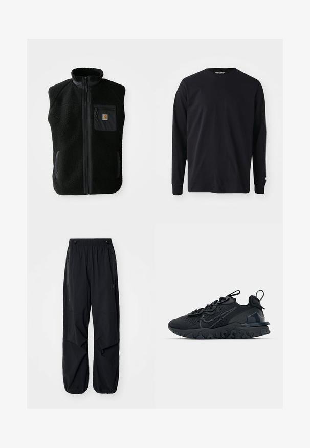 Sort fleece vest med høj krave, lynlåslynlås foran og brystlomme. Har struktureret stof og sidelommer med sorte accenter.; Sort langærmet t-shirt lavet af bomuld, med rund halsudskæring og lige pasform, samt et lille logodetalje på ærmet.; Sorte letvægts cargo bukser med elastisk talje, sidelommer med lynlås og rummelige lommer. Har en løs pasform og tapered cuffs.; Sort atletisk sko med en åndbar mesh-overdel, teksturerede detaljer og en bølget gummisål. Har reflekterende logo og snørresystem.