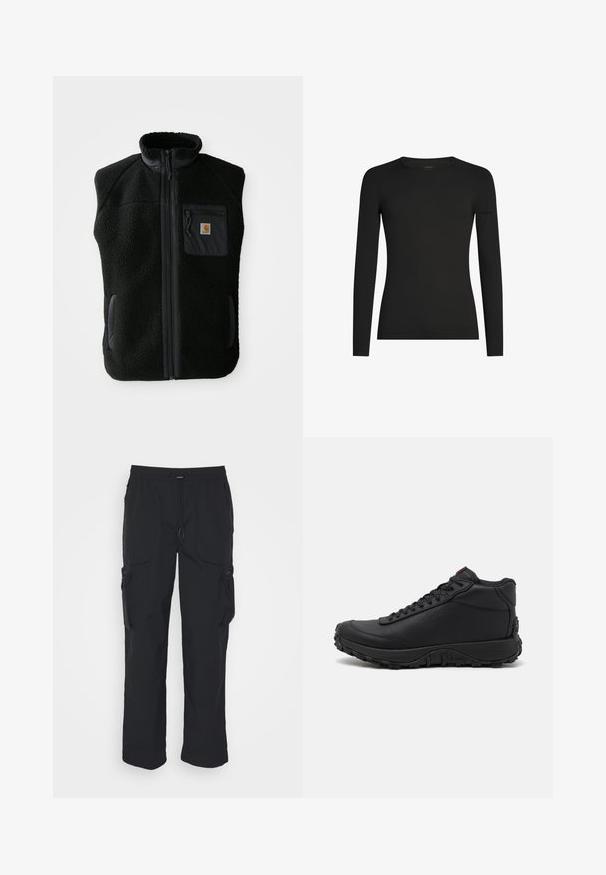 Sort fleece vest med høj krave, lynlåslynlås foran og brystlomme. Har struktureret stof og sidelommer med sorte accenter.; Sort, tætsiddende langærmet T-shirt med rund hals og et diskret Icebreaker-logo på venstre ærme, vist på en hvid baggrund.; Sorte cargo-bukser lavet af vævet stof. Har justerbar talje, sidelommer og to værktøjslommer med lynlås.; Sorte høje sneakers lavet af struktureret læder, med en tyk gummisål med trækmønstre og snørefunktion. Rød detalje på tungen.