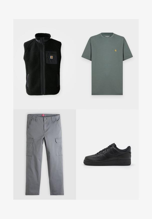 Chaleco de forro polar negro con cuello alto, cierre frontal con cremallera y un bolsillo en el pecho. Presenta un tejido texturizado y bolsillos laterales con detalles en negro.; Camiseta de algodón gris con mangas cortas, cuello redondo y un pequeño logo amarillo en el lado izquierdo del pecho. Textura suave, corte clásico.; Pantalones cargo grises de pierna recta con bolsillos laterales con solapa, cierre frontal con botón y cremallera, y trabillas en la cintura.; Nike Sportswear AIR FORCE 1 07 FLYEASE - Zapatillas - black