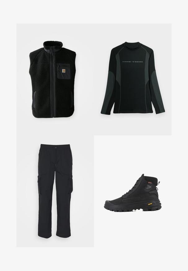 Sort fleece vest med høj krave, lynlåslynlås foran og brystlomme. Har struktureret stof og sidelommer med sorte accenter.; Sort langærmet skjorte med høj krave, lavet af tekstureret stof. Har grå sidepaneler og "NIKE TECH" logo over brystet.; Sorte cargo-bukser lavet af vævet stof. Har justerbar talje, sidelommer og to værktøjslommer med lynlås.; Sorte høj-top støvler med en tekstureret overflade, der har et vandtæt design, snøresystem og en markant gummisål med Vibram-branding.