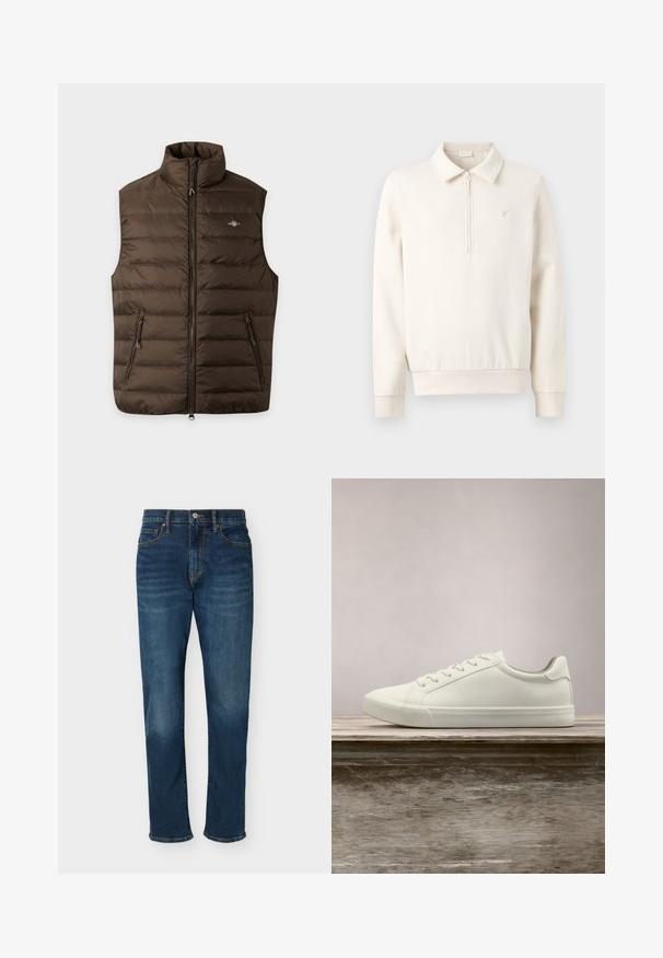 Veste matelassée marron sans manches avec col montant, fermeture éclair intégrale devant, deux poches latérales zippées et petit logo poitrine sur fond uni.; Pull-over à manches longues couleur crème avec une fermeture éclair quart, un col, des poignets côtelés et un petit logo brodé sur le côté gauche de la poitrine.; Jean droit bleu foncé avec poches avant, passants de ceinture, fermeture par bouton et fermeture éclair, présenté sur un fond uni.; Sneaker en dentelle blanche flottant au-dessus d'un banc en bois avec un feuillage vert en arrière-plan, mettant en valeur le design et la texture de la chaussure.