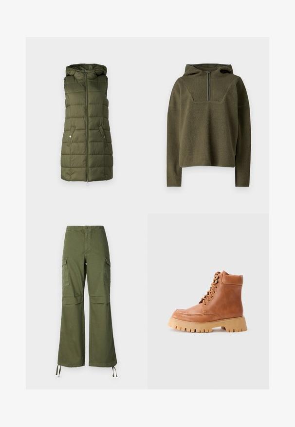 Chaleco acolchado en verde oliva con capucha, que presenta un cierre delantero, dos bolsillos laterales con botones a presión y textura acolchada.; Suéter de forro polar verde oliva con capucha, cierre de media cremallera en la parte delantera, tela texturizada y ribete contrastante en el dobladillo y en los puños.; Pantalones cargo verde oliva de algodón, con un diseño de pierna ancha, dos bolsillos laterales y lazos ajustables en el dobladillo.; Botín de cuero marrón con cordones, cuello acolchado y suela de goma gruesa y estriada sobre un fondo claro.