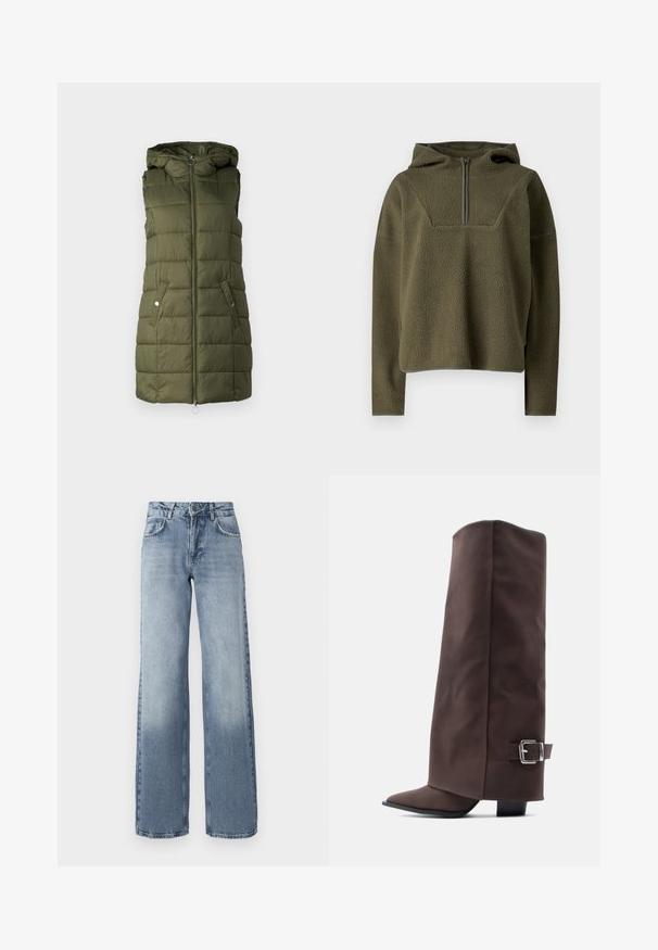 Gevoerde vest in olijfgroen met een capuchon, voorzien van een rits aan de voorkant, twee zijzakken met drukknoopsluitingen en een gewatteerde textuur.; Olijfgroene fleece pullover met capuchon, halve ritssluiting aan de voorkant, textuurstof en contrasterende afwerking aan de onderrand en manchetten.; Brede lichtblauwe denim jeans met een lichte wassing, ritssluiting, vijf-pocket ontwerp en subtiele vervaging bij de enkels.; Bruine kniehoge laarzen gemaakt van glad materiaal met een puntige neus, lage hak en een metalen gesp aan de zijkant.