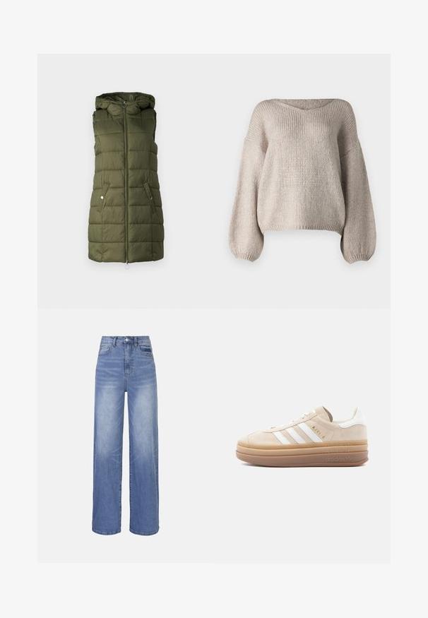 Polstret vest i oliven grønt med hætte, har en frontlynlås, to sidelommer med trykknapper og quiltet tekstur.; Beige strikket sweater med bred V-udskæring, lange ballonærmer og en cropped kant. Teksturen er chunky og blød, med et enkelt design.; Lyseblå denim bukser med vide ben og høj talje, knaplukning og forlommer. Har en falmet vask og subtile krøller.; Beige ruskindsneaker med hvide læderdetaljer, der har tre hvide striber, et gyldent logo og en tyk, gennemsigtig gummisål.