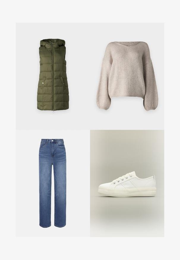 Polstret vest i oliven grønt med hætte, har en frontlynlås, to sidelommer med trykknapper og quiltet tekstur.; Beige strikket sweater med bred V-udskæring, lange ballonærmer og en cropped kant. Teksturen er chunky og blød, med et enkelt design.; Lyseblå denimjeans med højtaljet, lige ben, fem-lomme-design og subtile falmede detaljer i hele stoffet.; Hvid lavtop sneaker med tyk ribbet sål, snørelukning foran og trækflap på hælen mod en neutral baggrund.